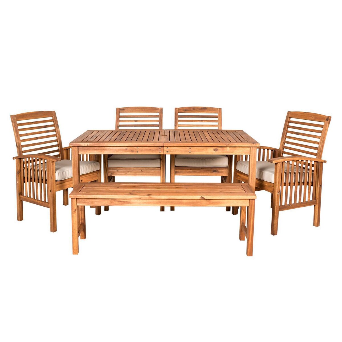 Ultimate Patio Horizon Way 6 Piece Brown Acacia Patio Dining Set W/ 60 X 34 Inch Rectangular Table and Natural Cushions