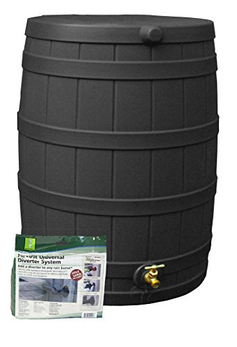 Good Ideas Rain Wizard Water Storage Rain Collection Barrel 50-Gallon w/Diverter Kit， Black