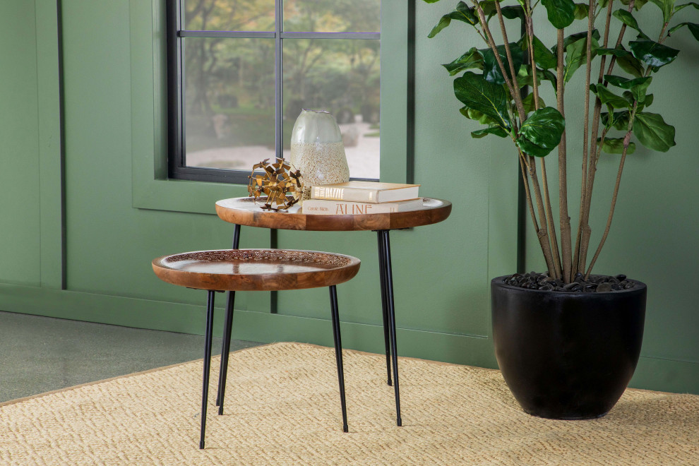 Nuala 2 piece Round Nesting Table With Tripod Tapered Legs Honey and Black   Modern   Coffee Table Sets   by Modon  Houzz