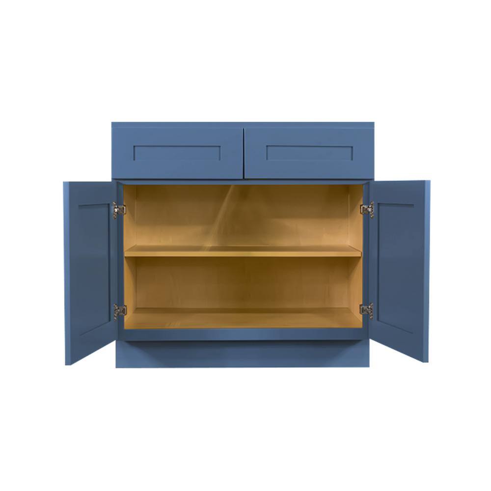 LIFEART CABINETRY Lancaster Blue Plywood Shaker Stock Assembled Base Kitchen Cabinet 39 in. W x 34.5 in. D H x 24 in. D ALB-B39