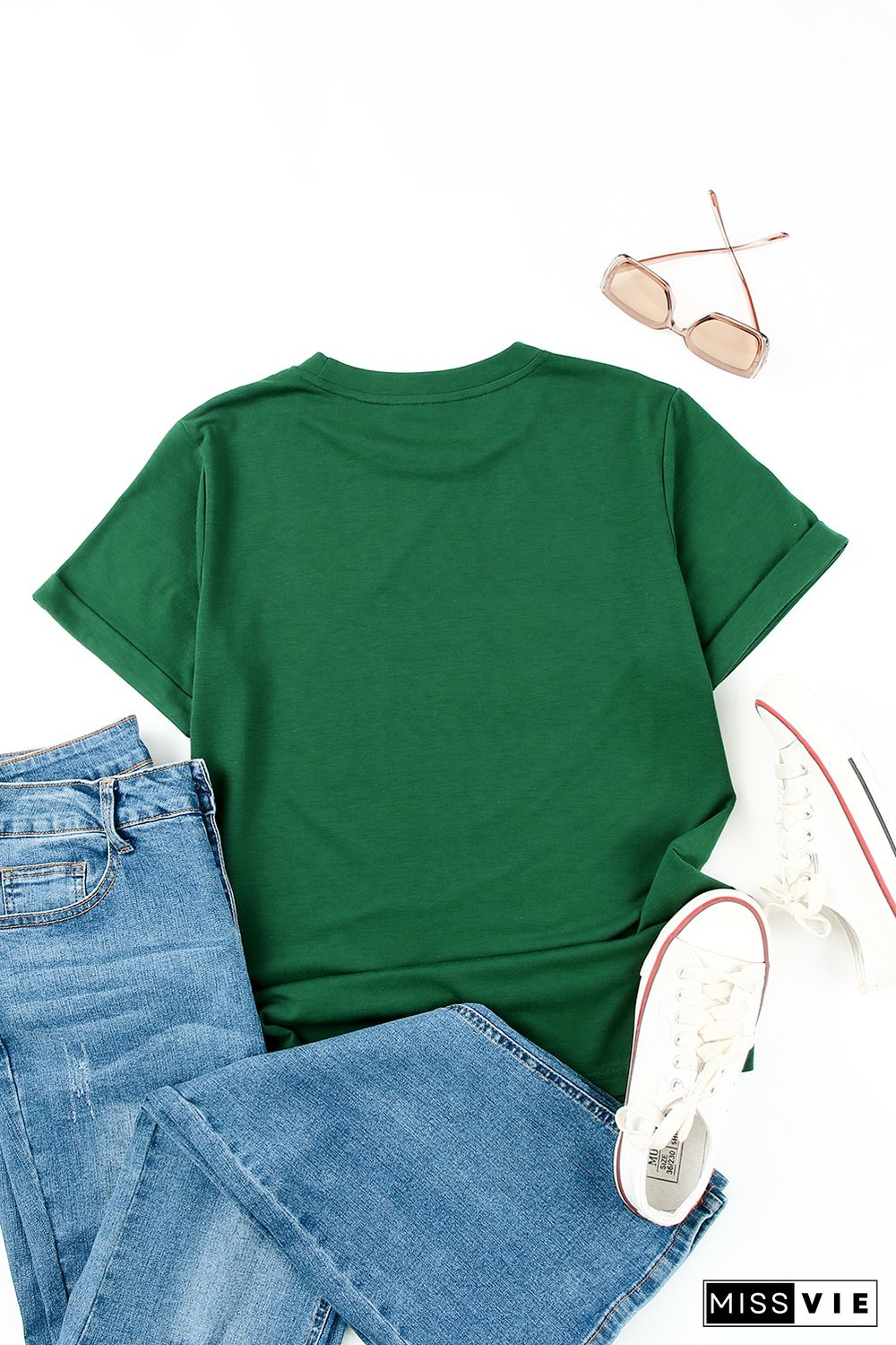 Green Solid Color Crew Neck Tee