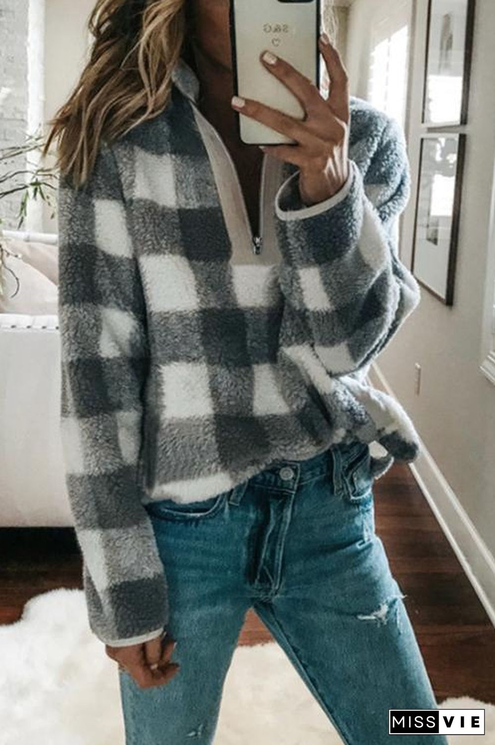 Plaid Long Sleeve High Collar Zip Hoodie