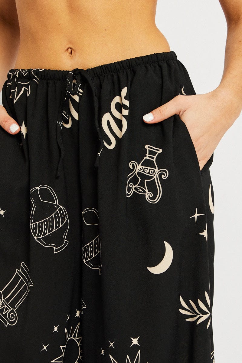 Black Abstract Wide Leg Pants High Rise