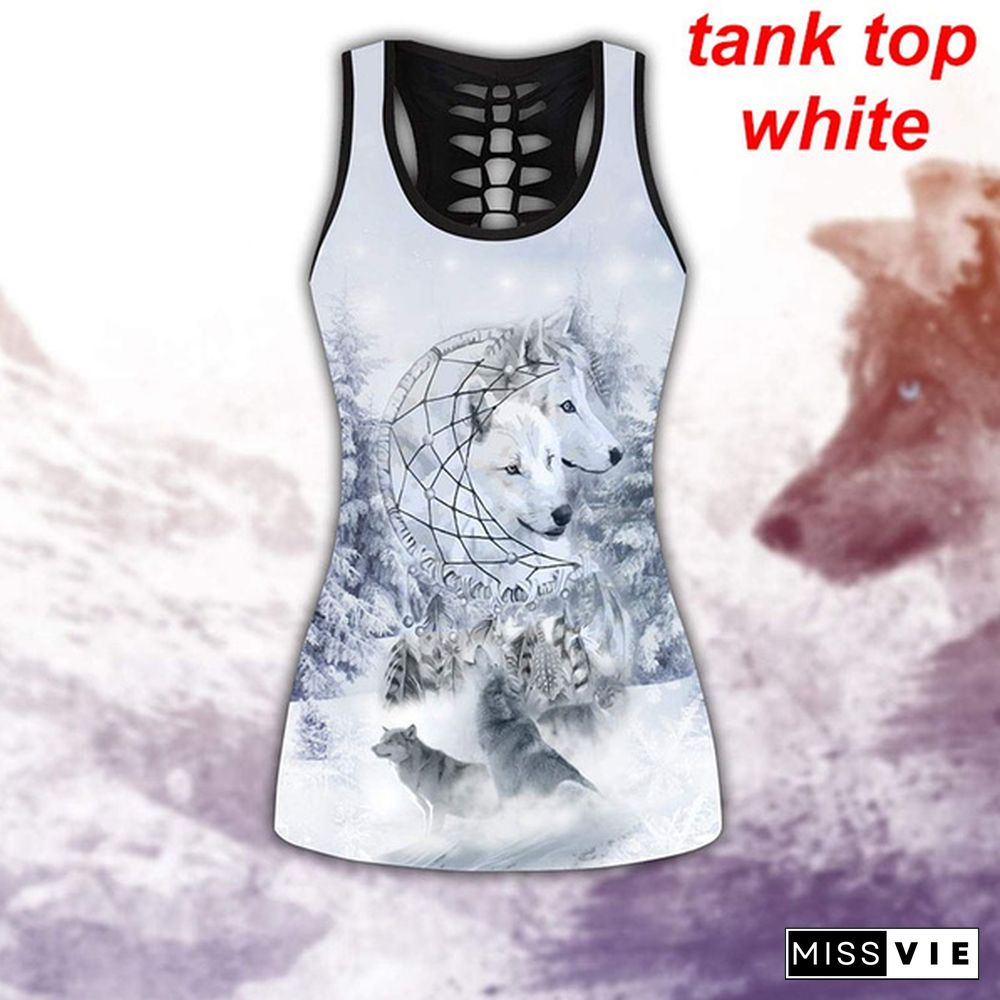 Women Wolf Native American 3D All Over Printed Legging + Hollow Tank Sleeveless Shirt Summer Vest for Women Plus Size Yoga Tank Tops Leggings Suit