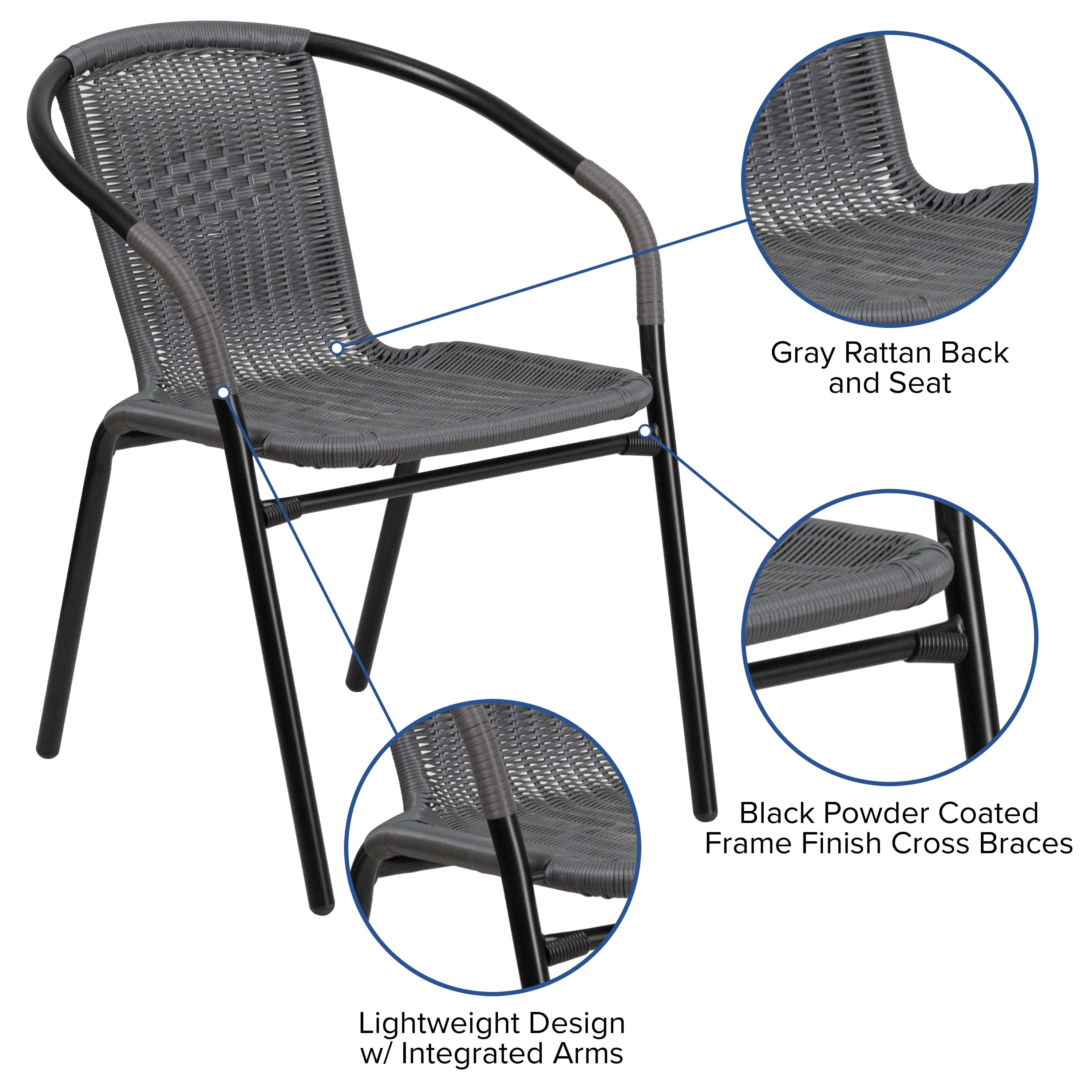 Emma + Oliver 2 Pack Gray Rattan Indoor-Outdoor Restaurant Stack Chair with Curved Back