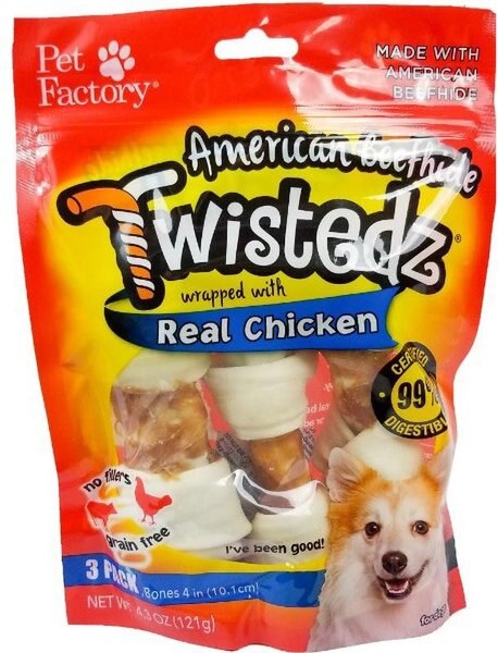 Pet Factory Twistedz 4 to 5-inch Beefhide Bones with Chicken Flavored Wrap Dog Hard Chews， 3 count