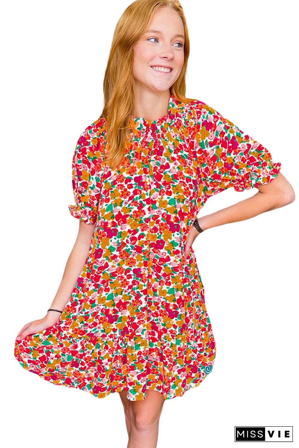 Multicolor Floral Print Frill Mock Neck Bubble Sleeve Dress