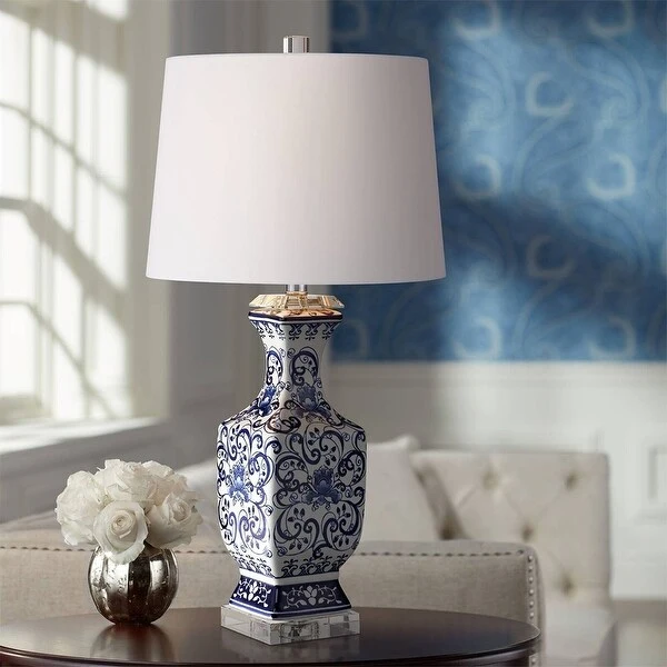 Asian Table Lamp Porcelain Blue Floral Jar White - 14