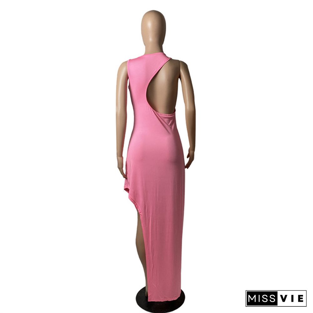 Elegant Solid Color Sleeveless Back Hollow Out Asymmetrical Splited Party Evening Maxi Long Dresses