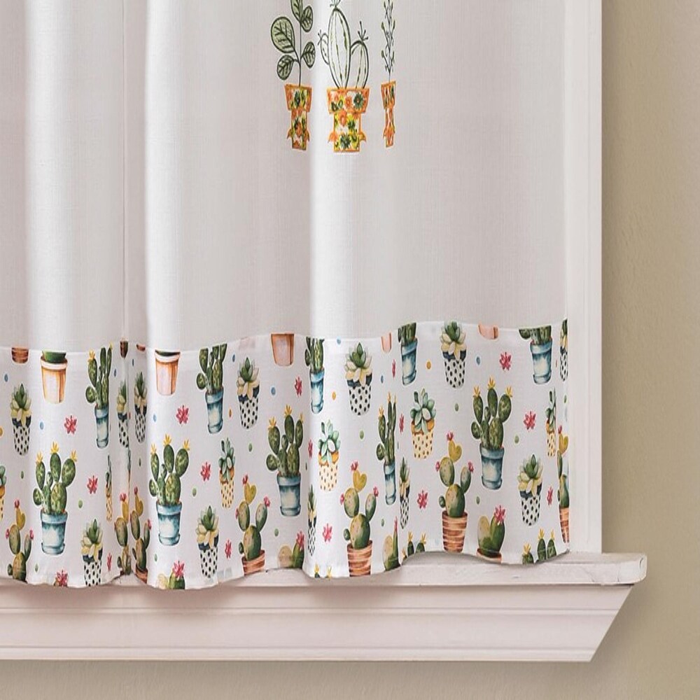 Urban Cactus Printed   Embroidered Kitchen Curtain Set