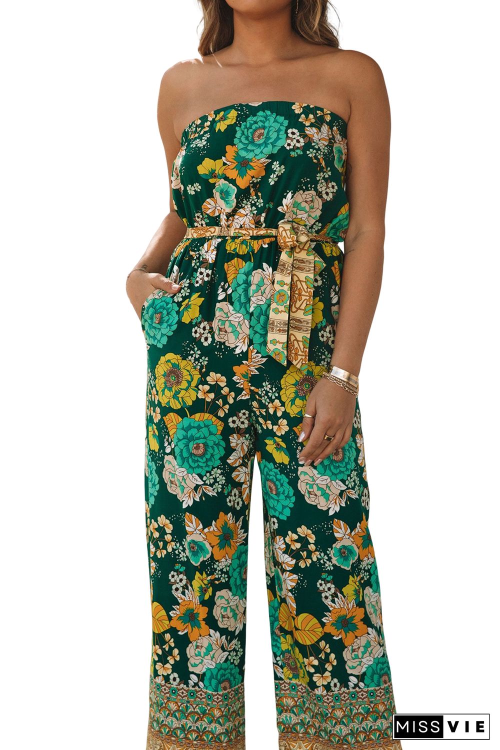 Green Boho Floral Belted Strapless Jumpsuit