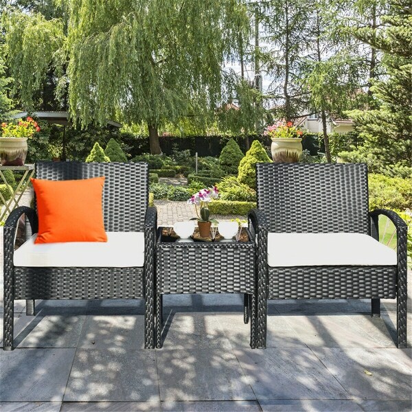 3 Pieces Outdoor Rattan Patio Conversation Set with Seat Cushions -  - 37563811