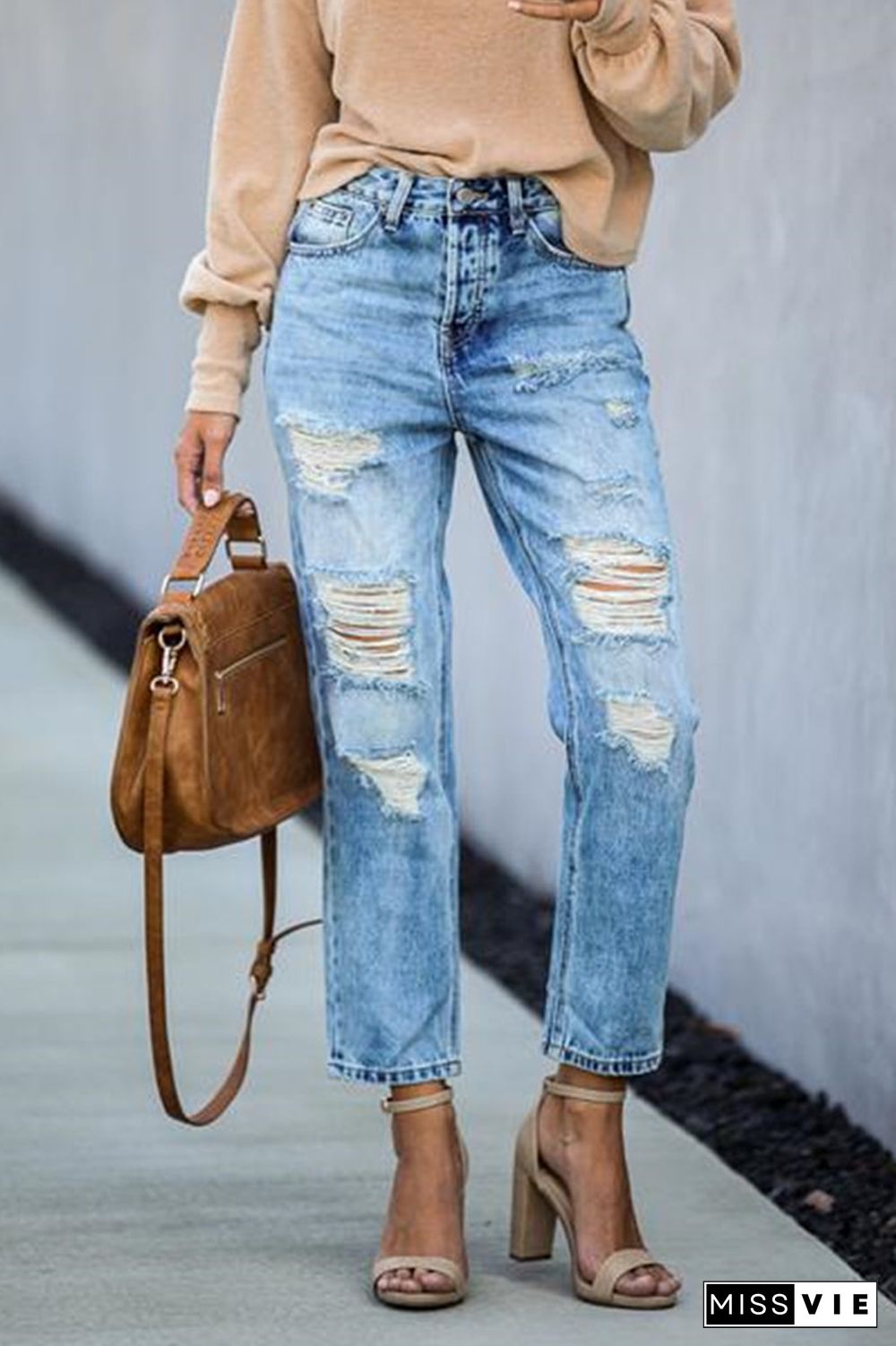 Distressed Ripped Denim Straight Pants