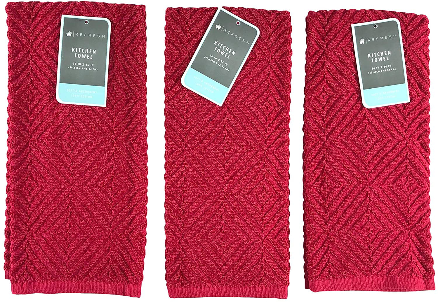 Kitchen Towels: 100% Cotton Soft Absorbent Terry Cloth， Set of 3 (Red/Geo)