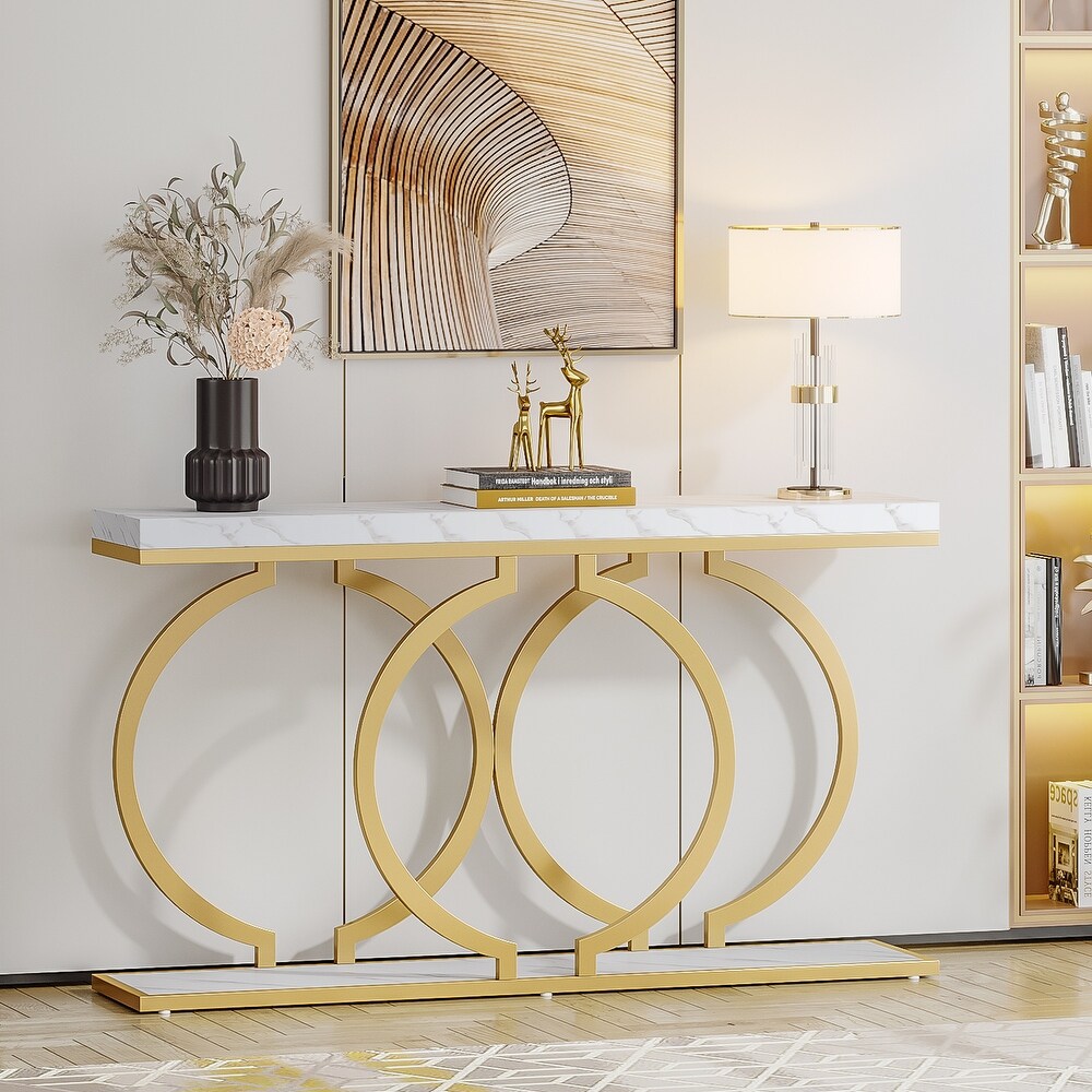 55 inch Gold Console Table  Faux Marble Entryway Table Narrow Long Sofa Table  Modern Accent Table for Living Room