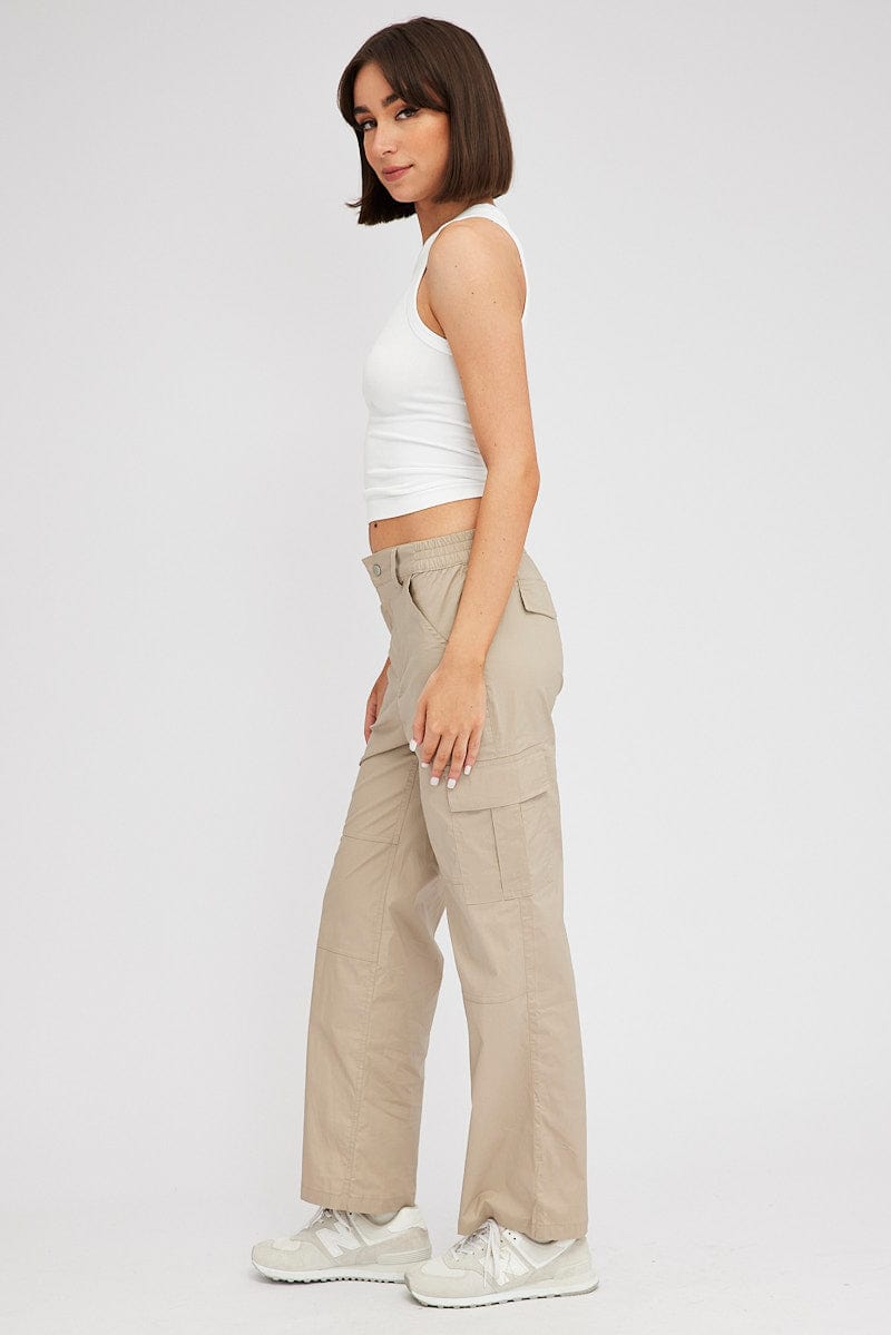 Beige Cargo Pants Mid Rise