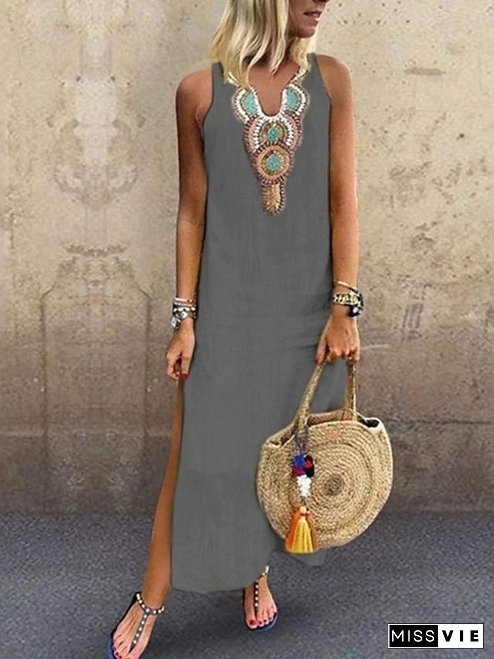 Women's Blazer Dresses Maxi long Dress - Sleeveless Tribal Split Print Summer V Neck Plus Size Hot Casual Boho Holiday Beach White Yellow Wine Green Gray S M L XL XXL White Dresses