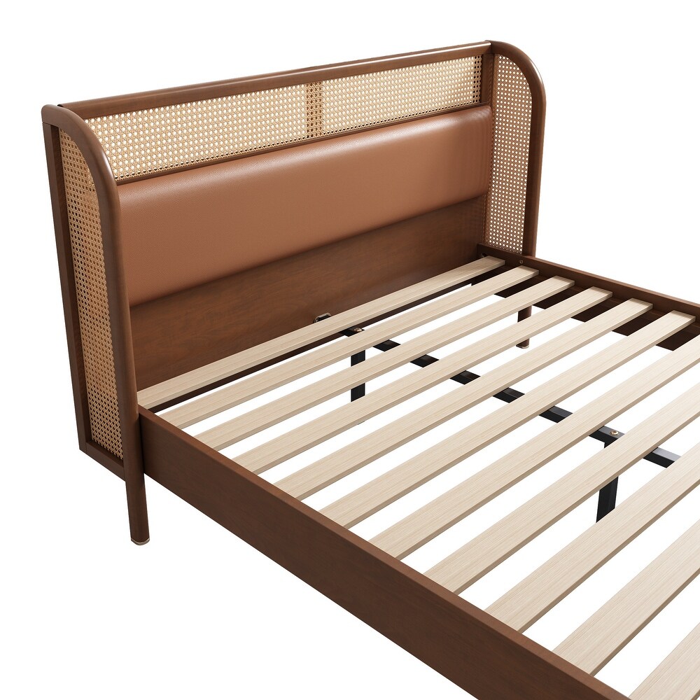 Queen Size Cannage Rattan Wood Platform Bed