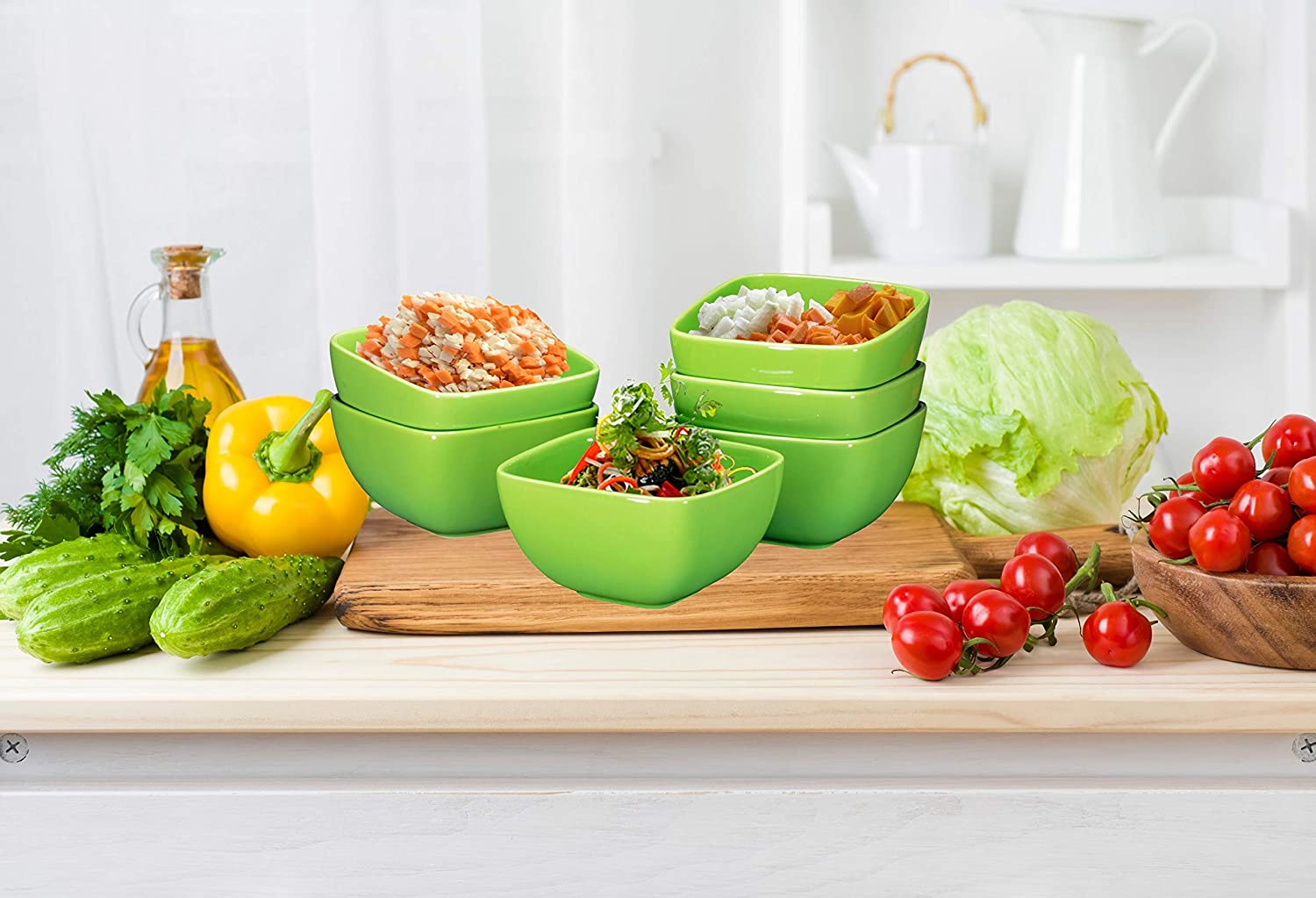 Large Ceramic Square Bowl Set - 26 Ounce for Pasta， Cereal， Soup and Berries - Set of 6 (Gradient Green)