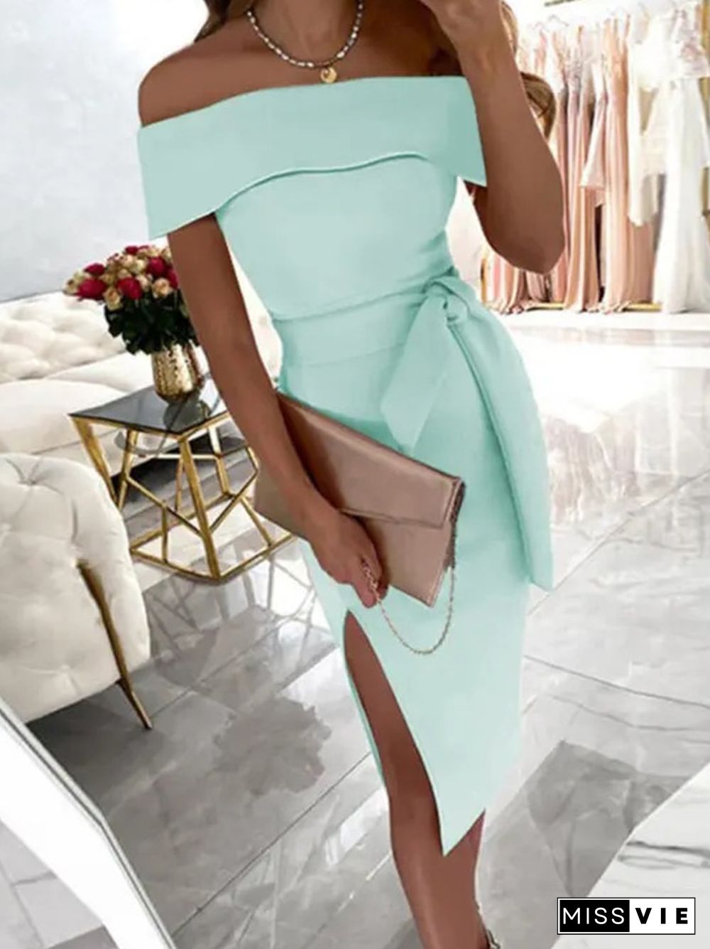 Mature Elegant Office Commuter A-line Dress Casual Slit Bridesmaid Dress Chic Party One Shoulder Wrap Women Clothing Dress