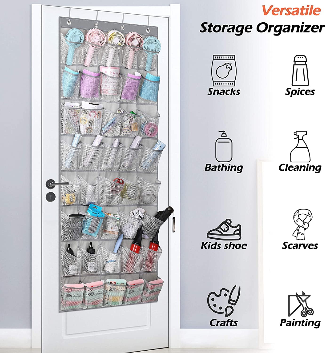 MISSLO Large Over the Door Organizer with 40 Mesh Pockets Hanging Shoe Rack Holder for Closet Pantry Bathroom Accessory Storage， Gray