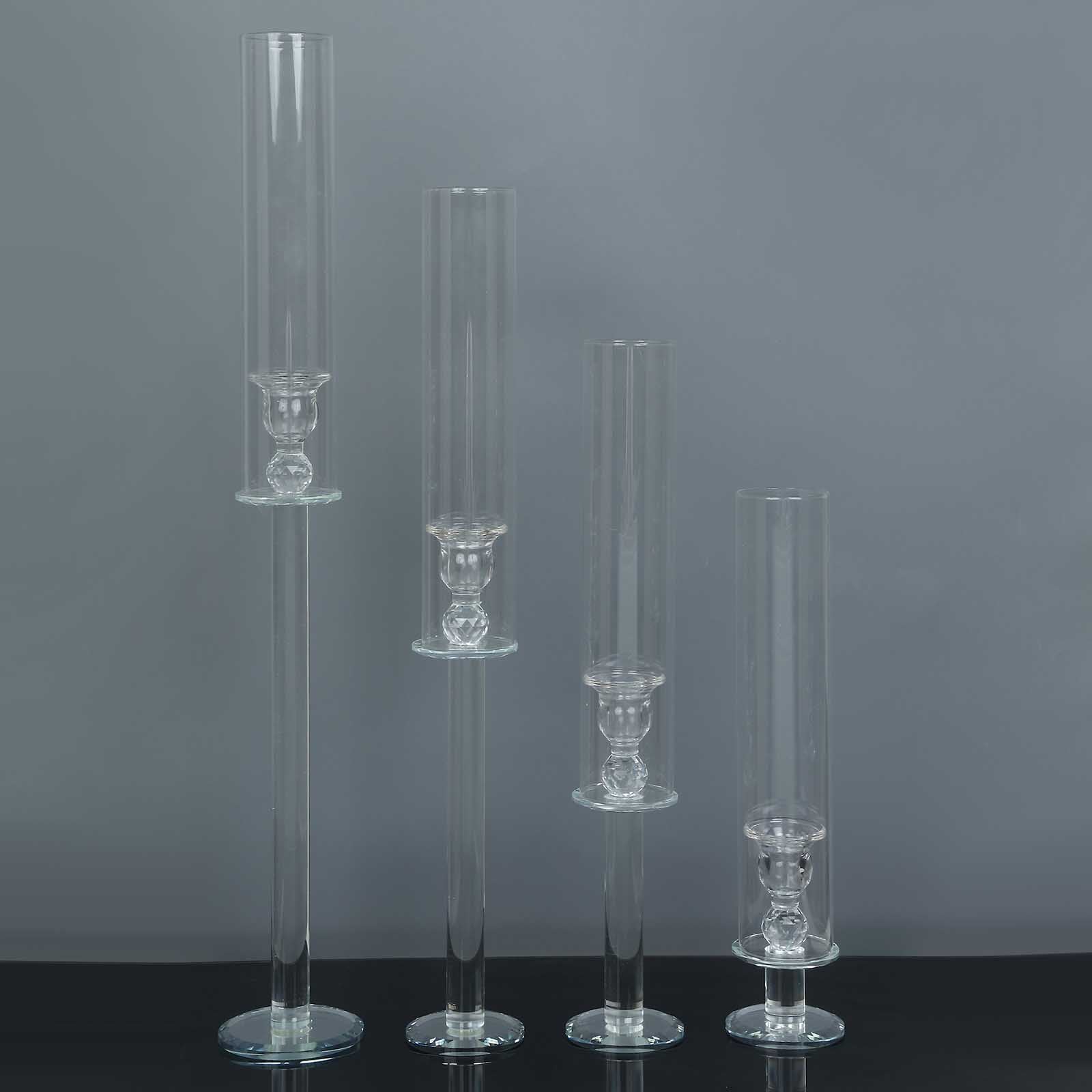 Set of 4 Clear Crystal Glass Hurricane Taper Candle Holders With Tall Cylinder Chimney Tubes 14