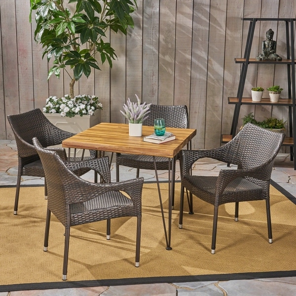 Christopher Knight Home Reed Outdoor Industrial Wood and Wicker 5Piece Square Dining Set