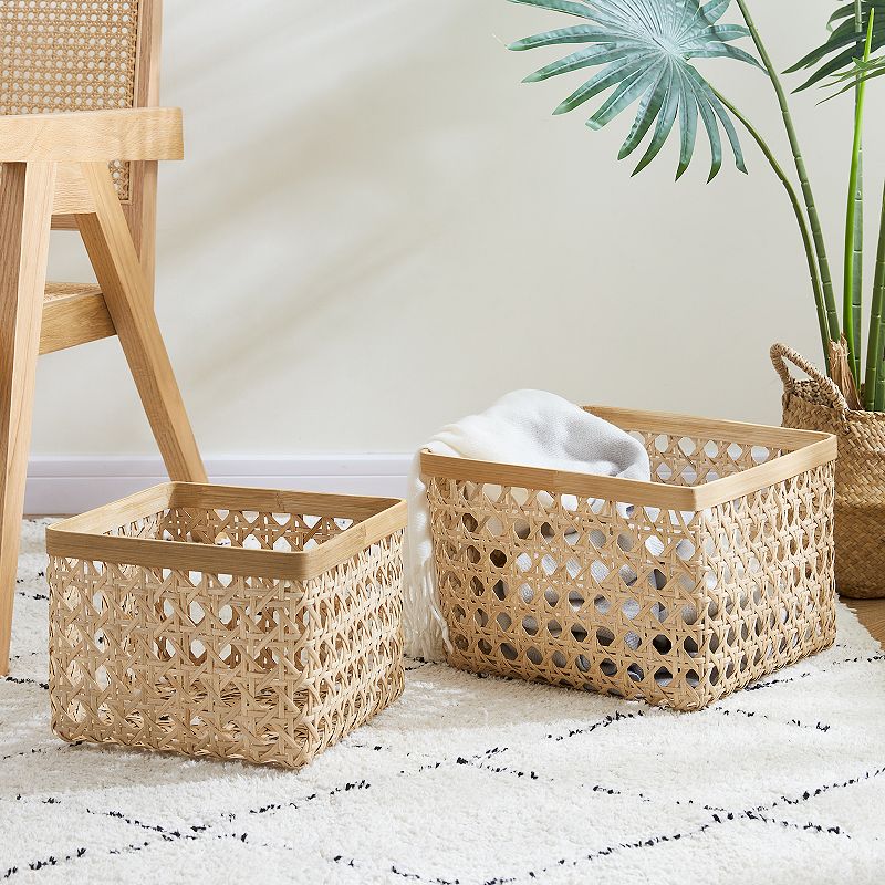 Saddle River Square Natural Open Weave Cane and Bamboo Rim Bin 2-piece Set