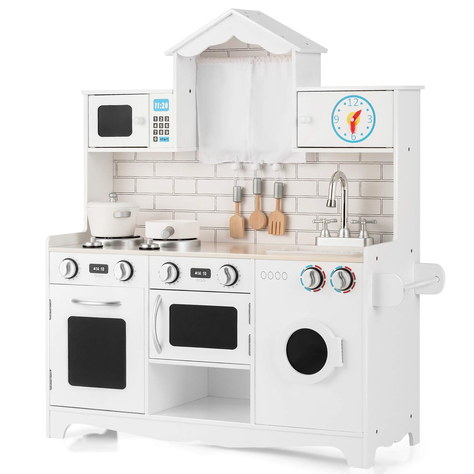 Costzon Kids Kitchen Playset, Wooden Pretend Play Toys w/ Washing Machine (White)