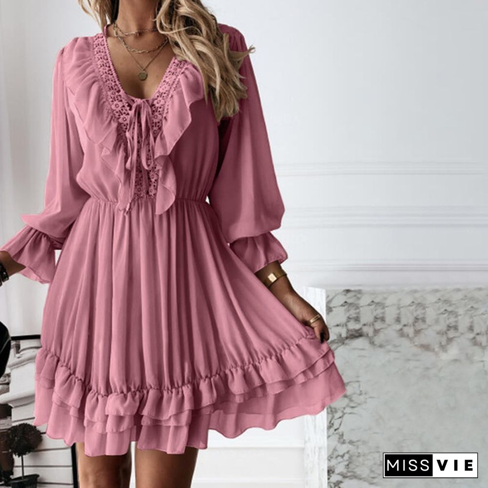 Women Long Sleeve Holiday Pleated Mini Dresses Sexy Deep V Neck Evening Party Tunic Dress Vestidos Plus Size