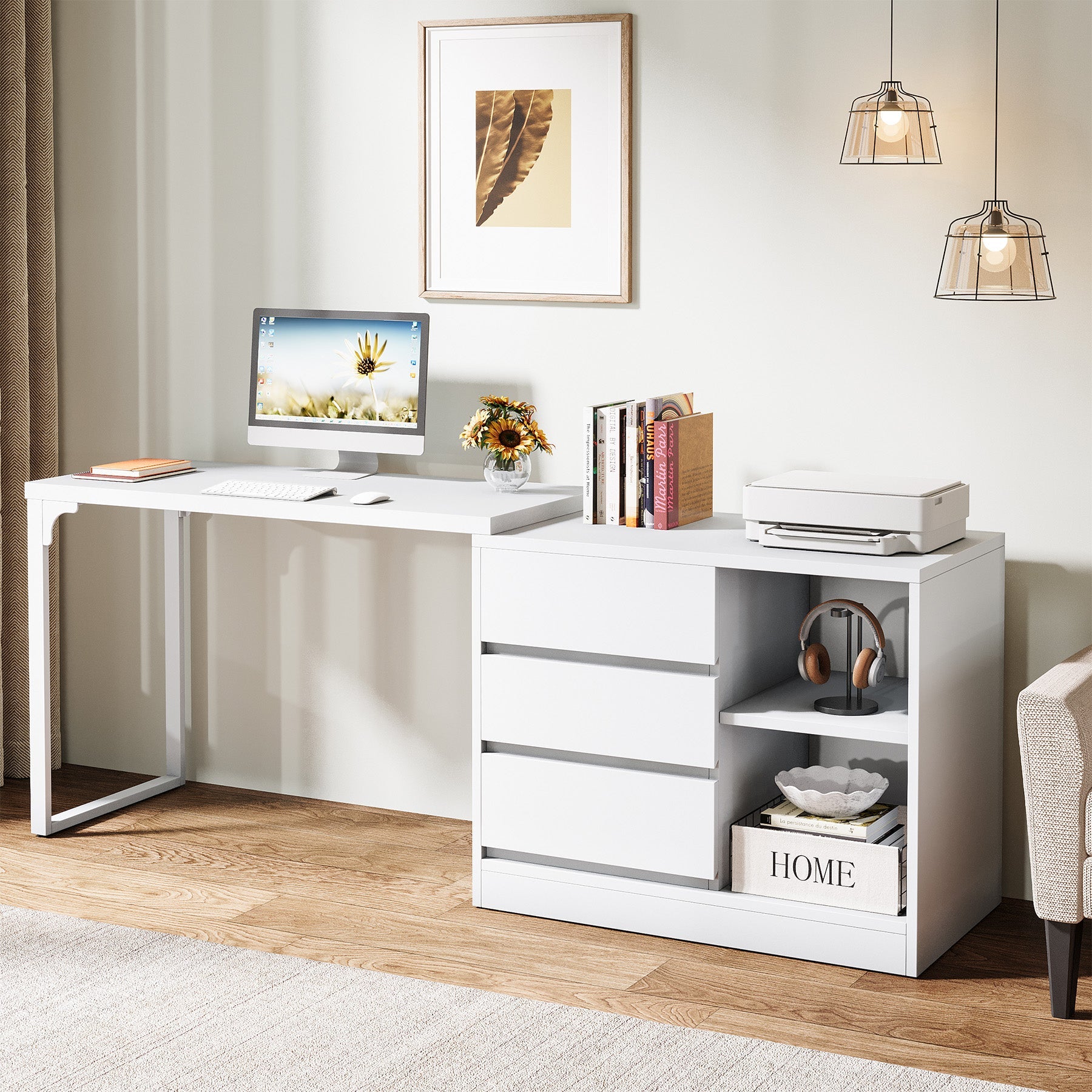 L-Shaped Computer Desk, Reversible Corner Desk With Drawer Cabinet