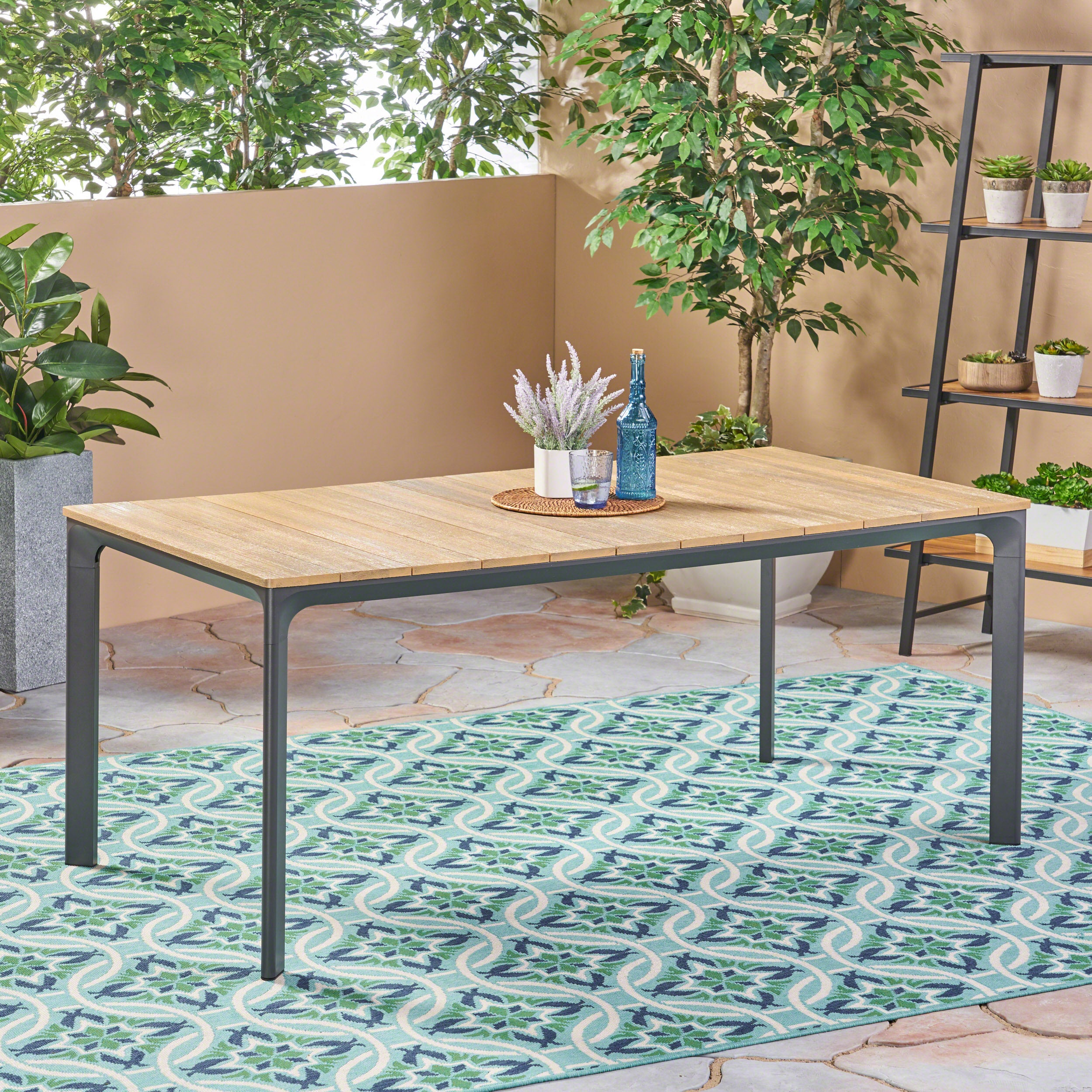 Jace Outdoor Aluminum and Wood Dining Table, Natural