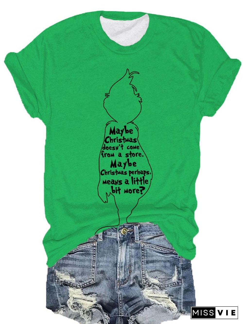 Women's Christmas Green Monster Print T-shirt