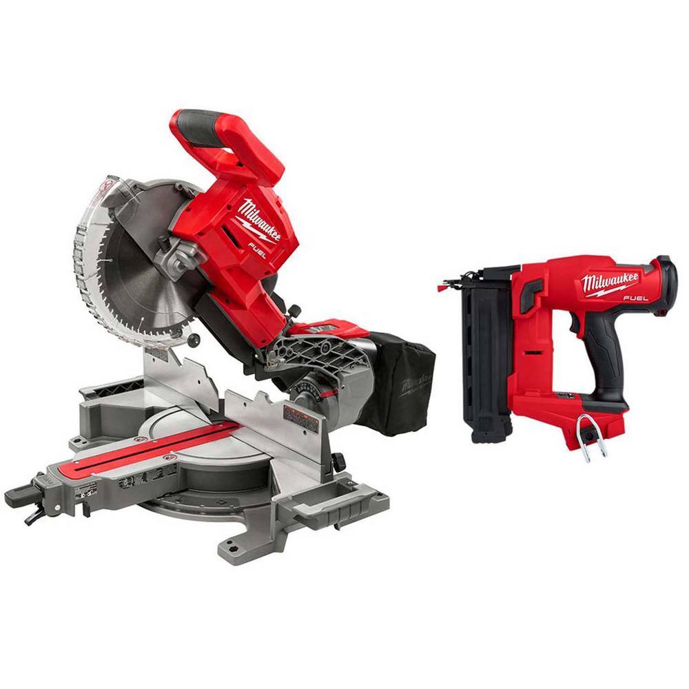 MW M18 FUEL 18V Lithium-Ion Brushless 10 in. Cordless Dual Bevel Sliding Compound Miter Saw with 18-Gauge Brad Nailer 2734-20-2746-20