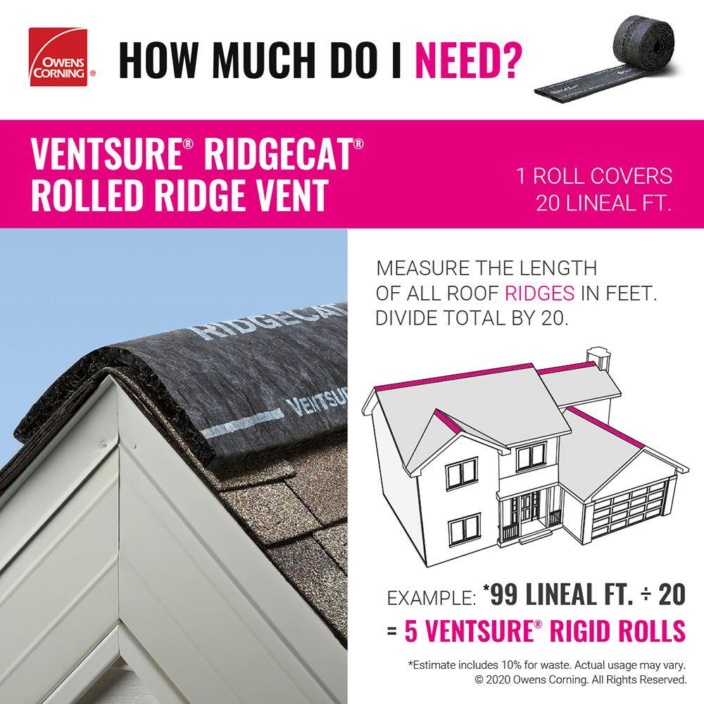 Owens Corning VentSure 11 in. x 240 in. RidgeCat Rolled Ridge Vent in Black with Nails RCAT11N