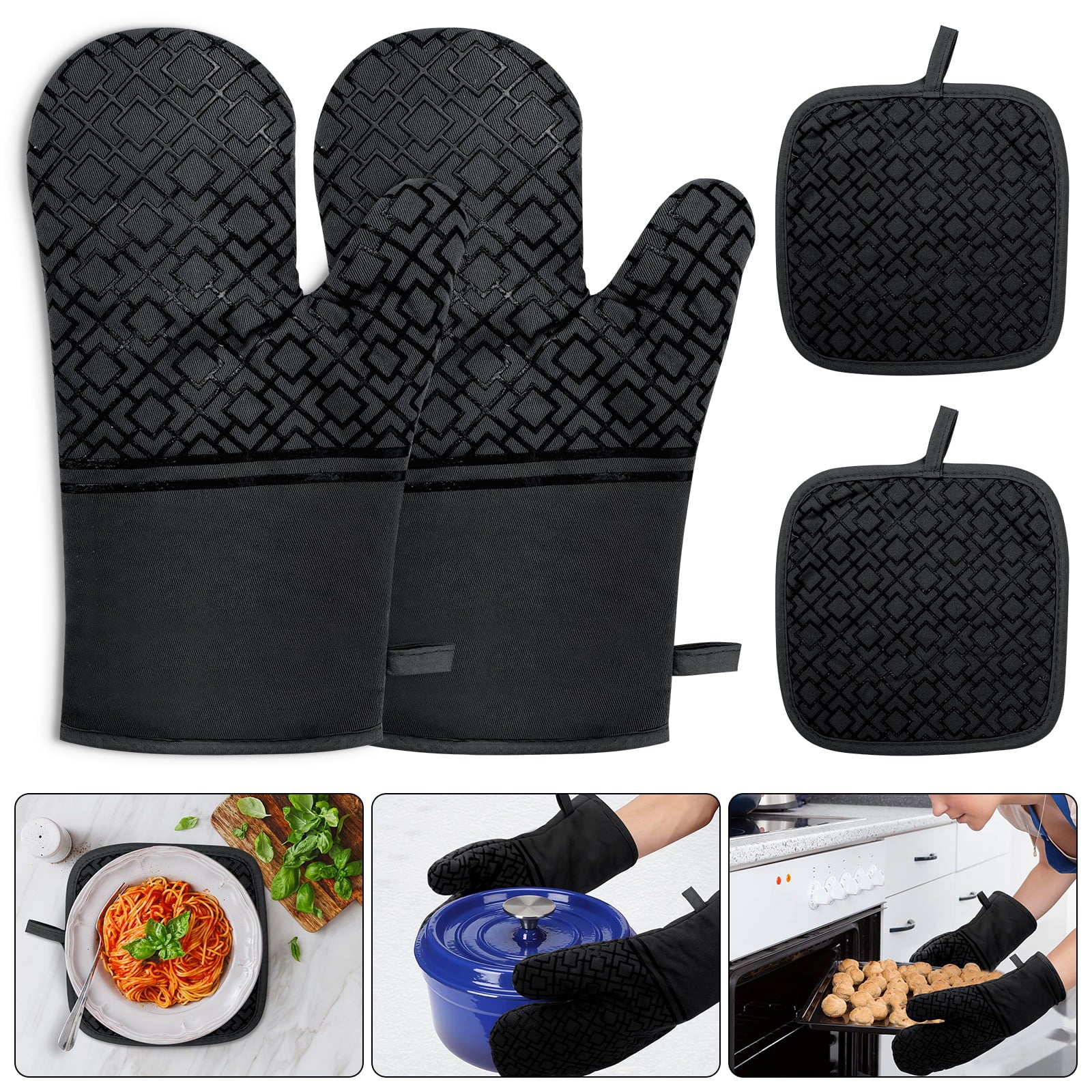 4pcs Oven Mitt and Pot Holder Set， EEEkit 500°F Heat Resistant Non-Slip Silicone Kitchen Oven Glove and Hot Pad Set for Cooking Baking， Black