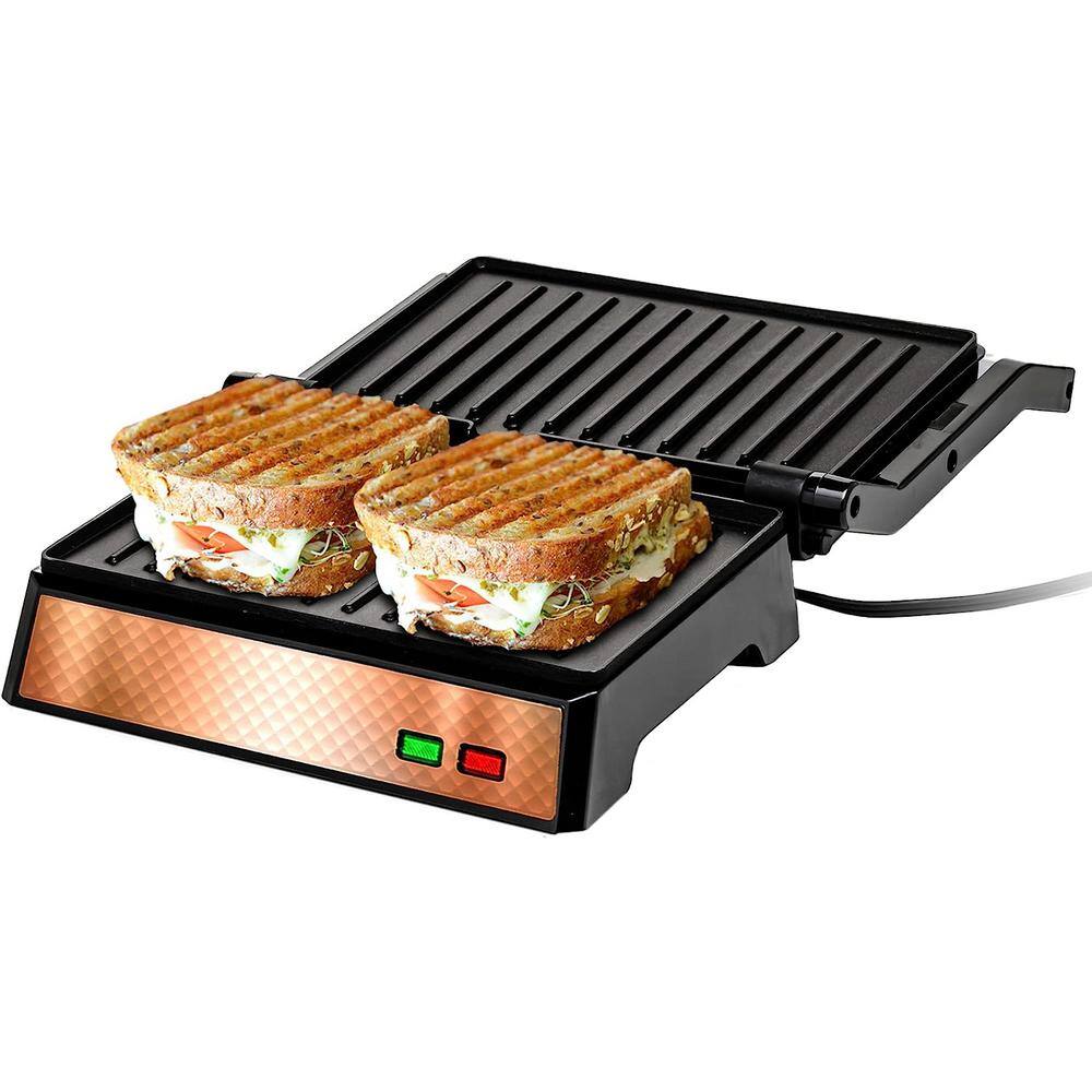 OVENTE Copper Electric Panini Press Grill 2-Slice 1000-Watt Heating Plate Drip Tray Included GP0620CO