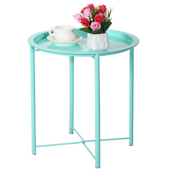 Tray End， Folding Round Metal Side Sofa Table Anti-Rust and Waterproof Outdoor or Indoor