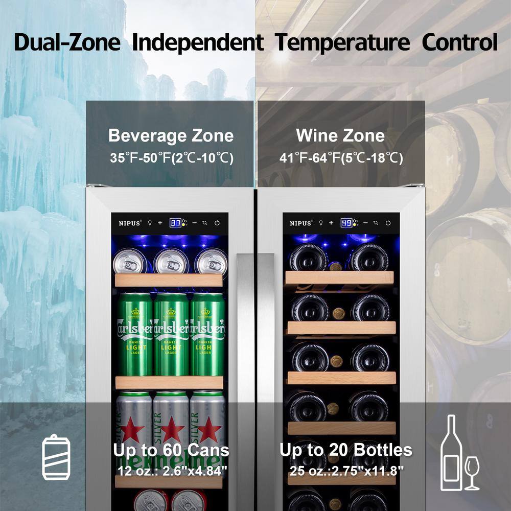 Nipus 24 in. Dual Zone 20-Wine Bottles and 60-Cans Beverage  Wine Cooler in Silver Two Shapes of Door Handle Blue LED Lights NPDUAL02