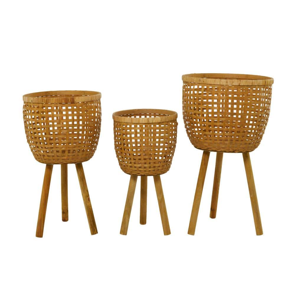 Litton Lane 26 in. 23 in. and 20 in. Large Brown Bamboo Handmade Woven Planter (3- Pack) 041957