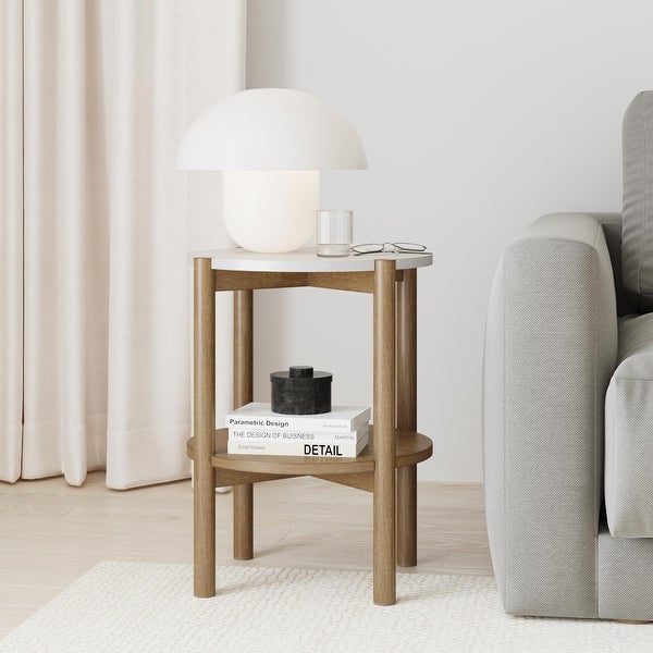 Nathan James Tucker Round Accent Small Side Table， Wood Sofa End Table with Marble Top for Living Room or Bedroom