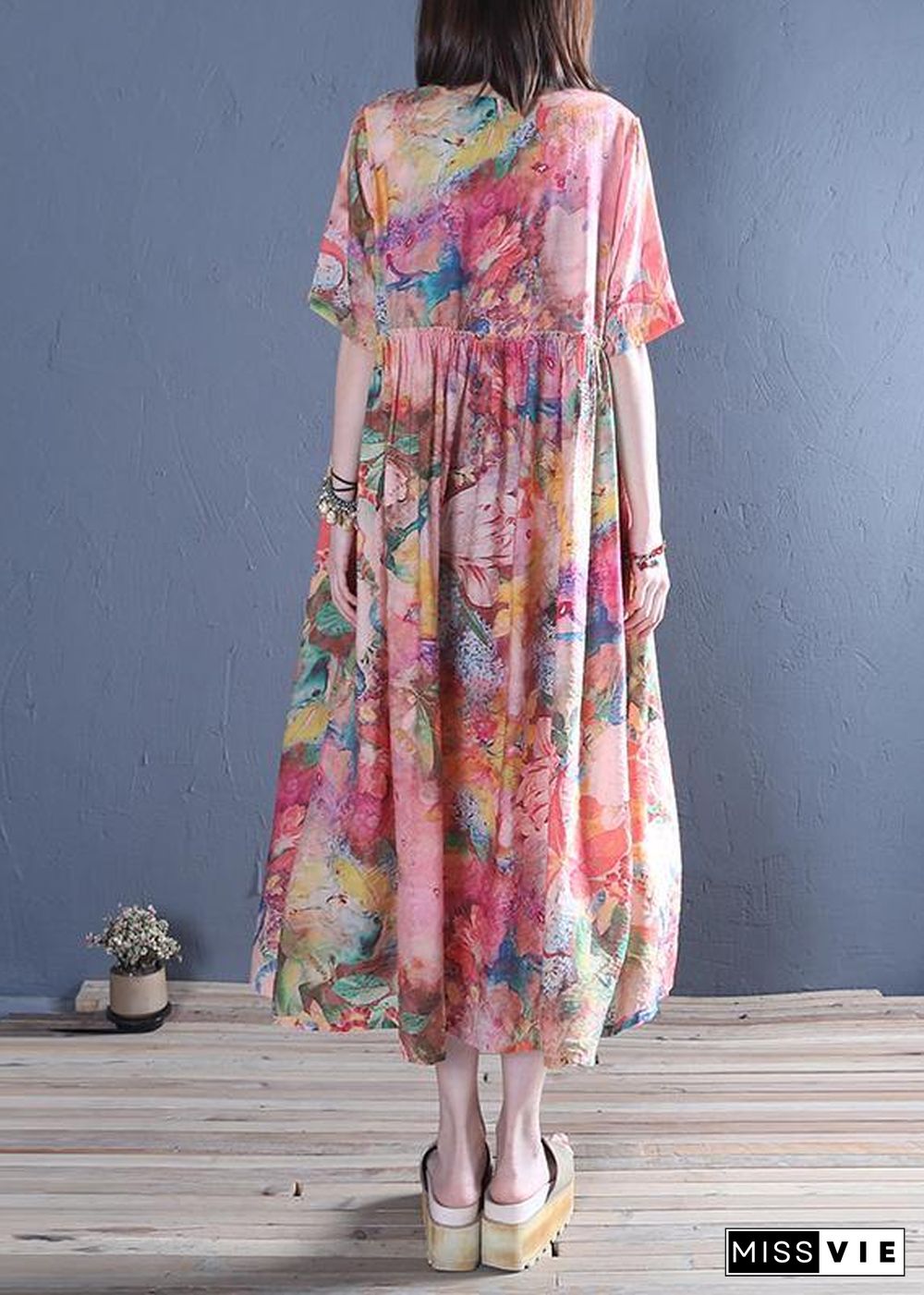 Style o neck Cinched cotton tunic dress Fashion pink print Maxi Dress