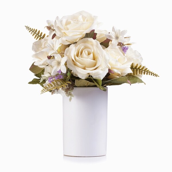 Enova Home Artificial Silk Roses and Hydrangea Fake Flowers Arrangement in Ceramic Vase with Faux Water for Home Wedding Decor