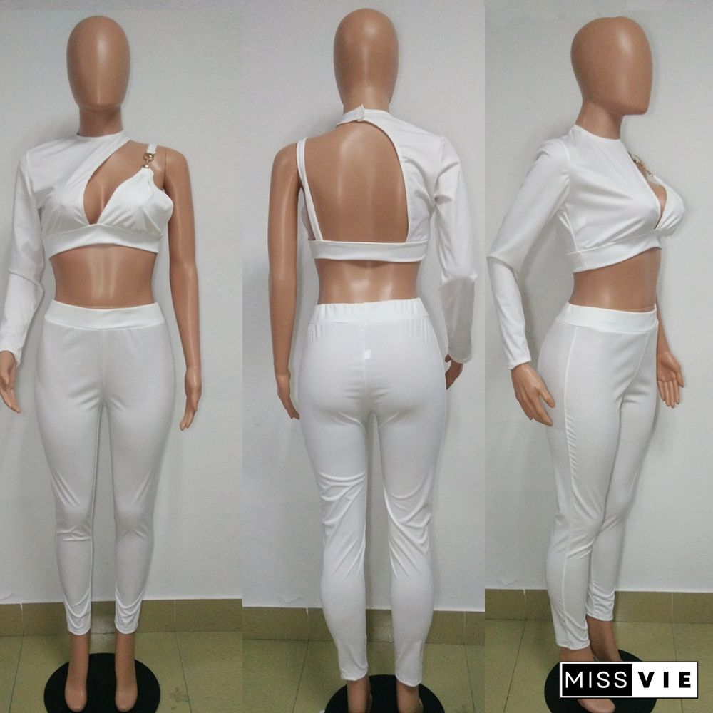 Sexy Single Sleeve Crop Top And Bodycon Pants 2 Pieces Suits