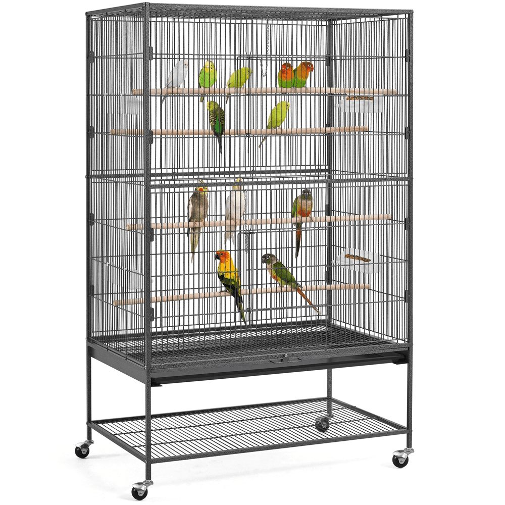 SMILE MART 60.5″H Extra-Large Wrought Iron Parrot Cage with Stand for Small/Medium-Sized Birds， Black