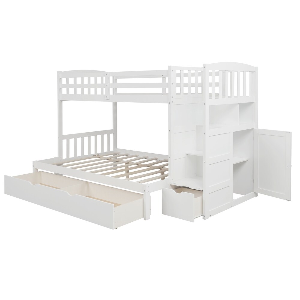 Contemporary Style Twin over Full/Twin Bunk Bed  Convertible Bottom Bed  Storage Shelves and Drawers