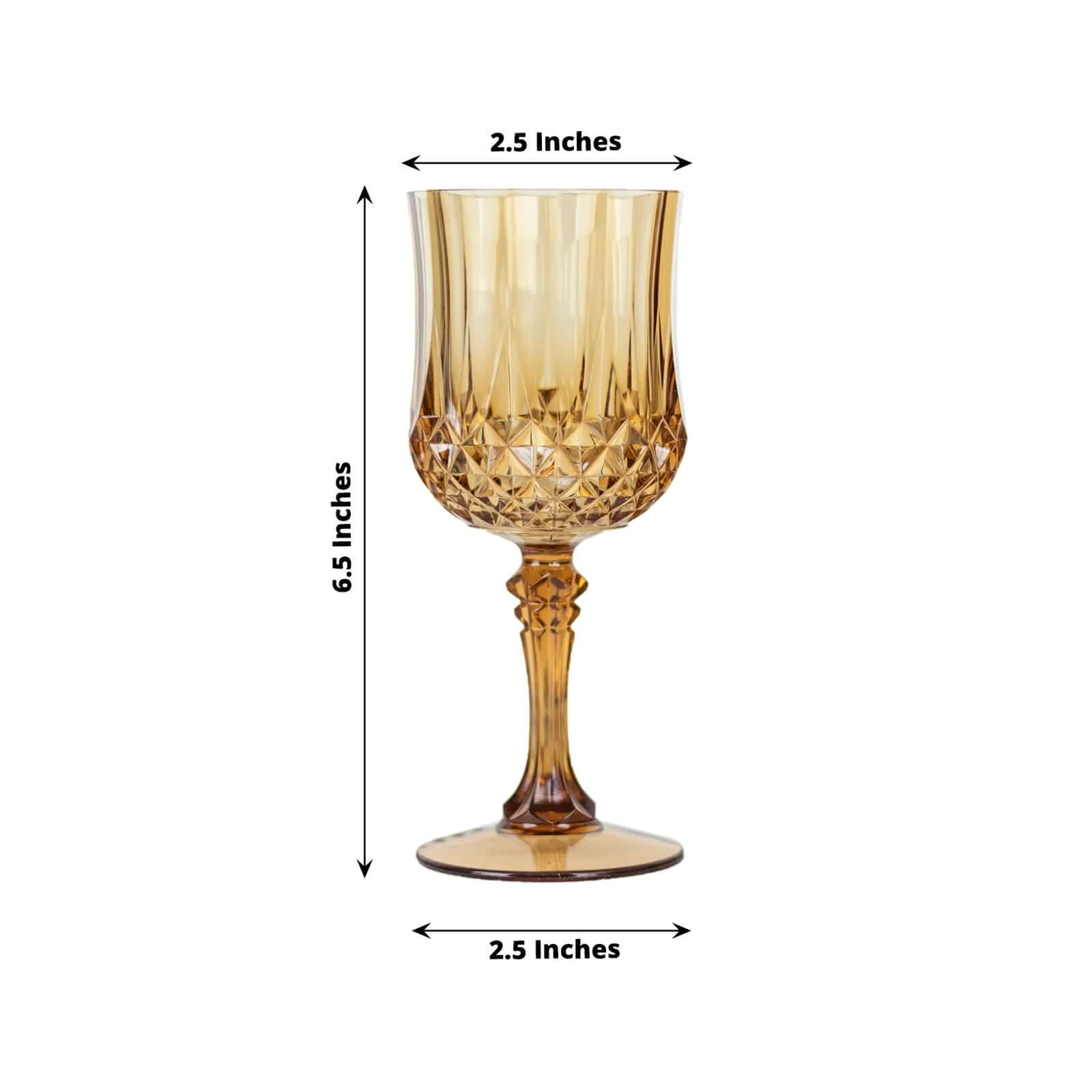 6 Pack Amber Gold Crystal Cut Reusable Plastic Wine Glasses, Shatterproof Cocktail Goblets 8oz