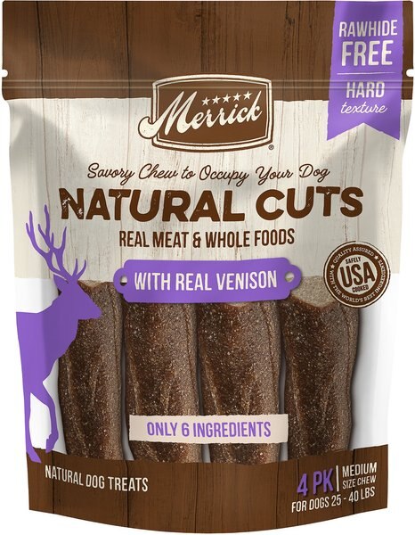 Merrick Natural Cuts Medium Real Venison Rawhide Free Dog Treats， 4 count