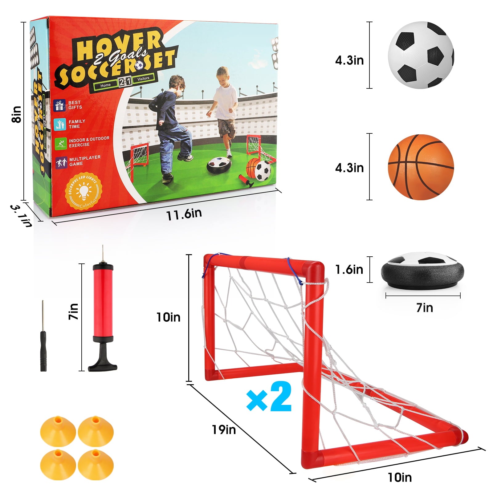 Growsly Kids Toys Hover Soccer Ball Set With 2 Goals， Sports Gift Toys for 3-8 Years Old BoysandGirls Includes Inflatable Football and Basketball， Red