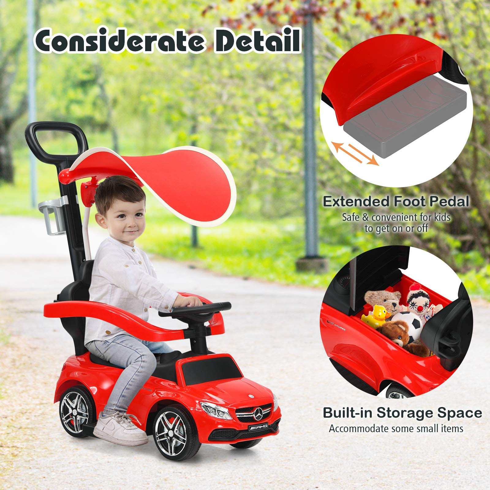 Costzon Push Car for Toddlers, 3 in 1 Mercedes Benz Stroller Sliding Walking Car w/ Canopy, Red